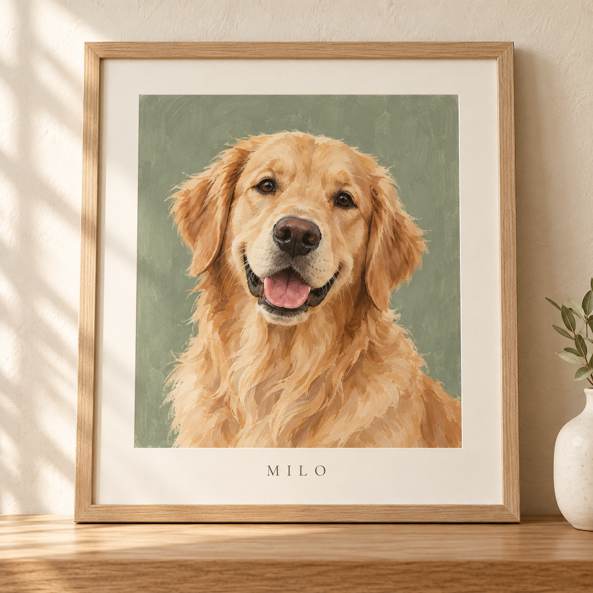 An illustrated pet portrait in a natural oak frame
